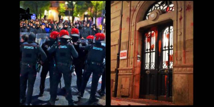 GKS frente a la sede del PSOE en Donostia para señalar su complicidad en el genocidio a Palestina
