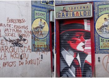 Pintadas anarquistas en la fachada del bar de Pablo Iglesias; «con Durruti, no»