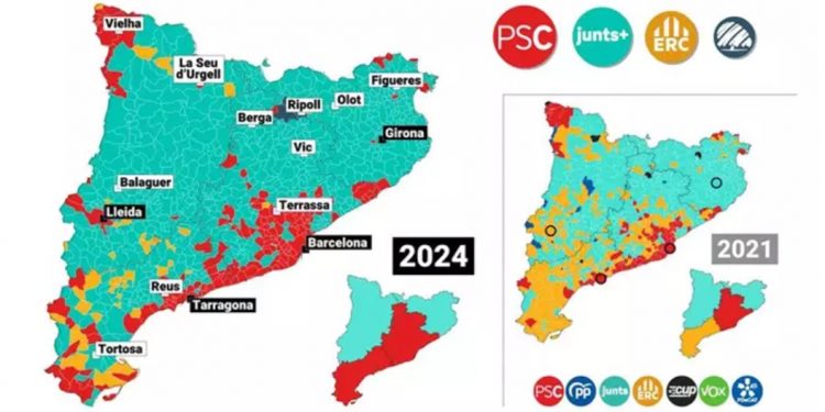 Catalunya, un mapa significativo: En celeste las zonas que gana Puigdemont, en «rojo» las del PSOE