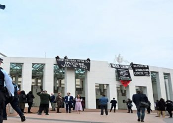 Personas solidarias con la lucha palestina izan carteles y banderas encima del Parlamento de Australia