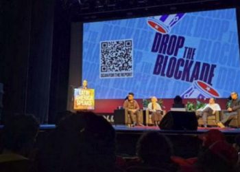 Intervención del Ministro de Exteriores de Cuba, Bruno Rodríguez, en un teatro abarrotado en Harlem, Nueva York