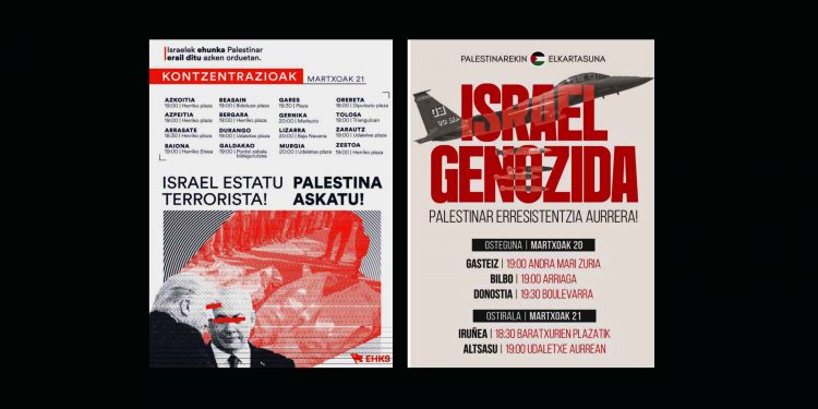 EHKS y Palestinarekin Elkartasuna convocan movilizaciones contra el Estado sionista