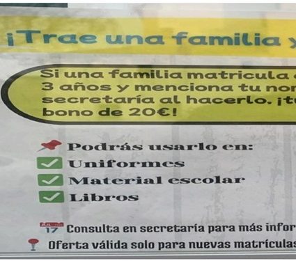 Campaña de una escuela concertada: «Trae una familia y gana un bono»