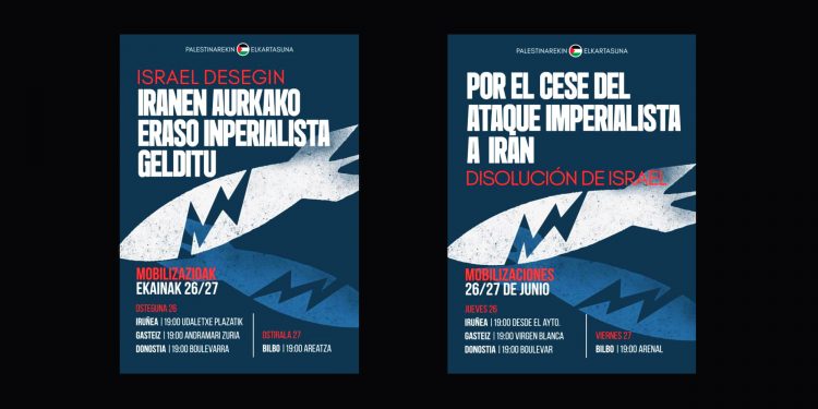 Palestinarekin Elkartasuna convoca concentraciones: Por el cese del ataque imperialista a Irán/Disolución de Israel